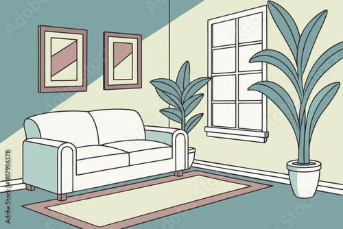 Modern pastel interior with blue wall and indoor plants vector design