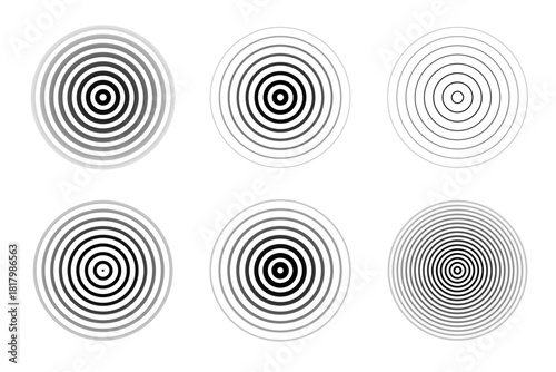 vector concentric black ripple circles line set. Clip art isolated on transparent background.