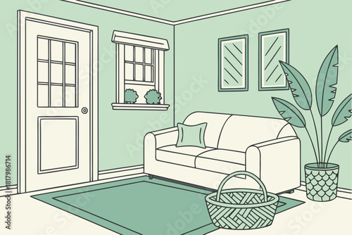 Pastel boho living room with woven basket and white sofa vector