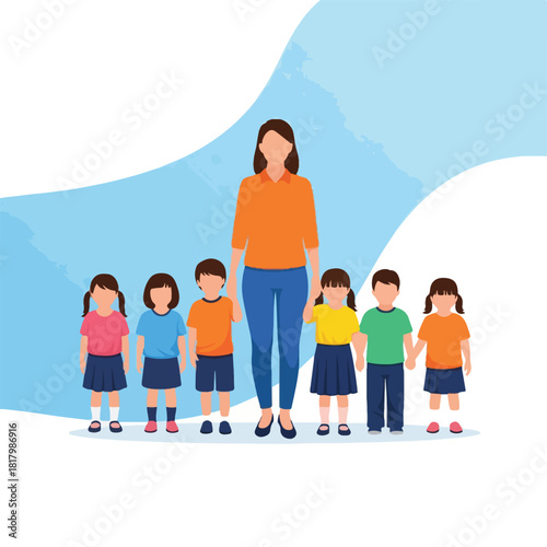 Diverse group of children and a teacher standing together in a classroom setting, symbolizing education and learning