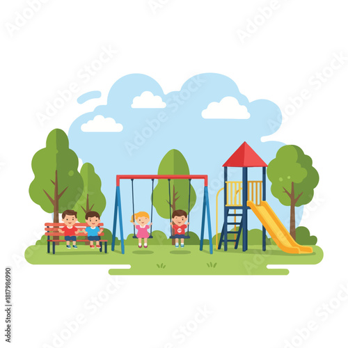 Happy children enjoying a fun day at the playground with swings and a slide