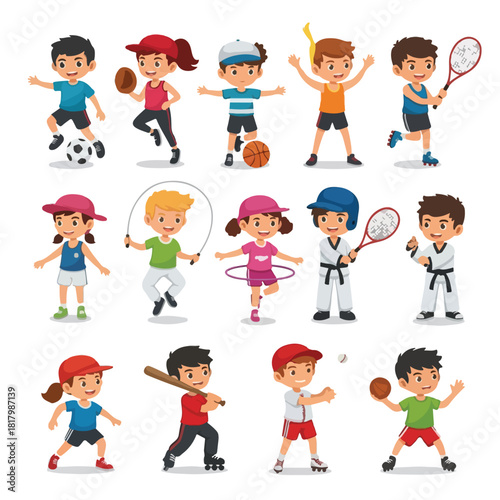 Healthy Kids Playing Various Sports Activities in Outdoor Setting
