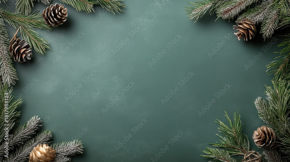 Obraz premium Dark emerald background with frosted pine branches and pinecone holiday calm