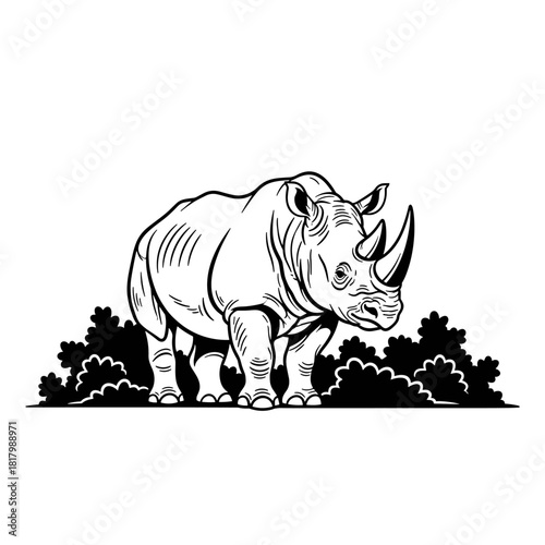 A black-and-white illustration of a rhinoceros standing among bushes.