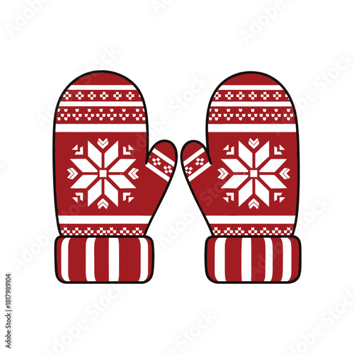 A pair of cozy, festive red mittens with white snowflake pattern, perfect for winter.
