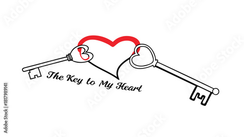 Two ornate keys with heart shaped bows unlocking a stylized red and black heart symbolizing love and devotion