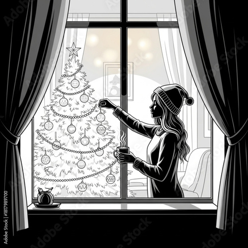 Woman in a winter hat holding a mug by the window at Christmas.