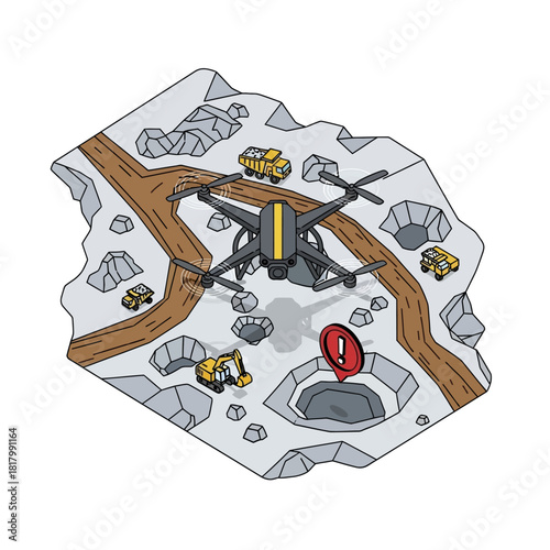 Drone Surveying a Mining Site with Trucks and Warning Sign.
