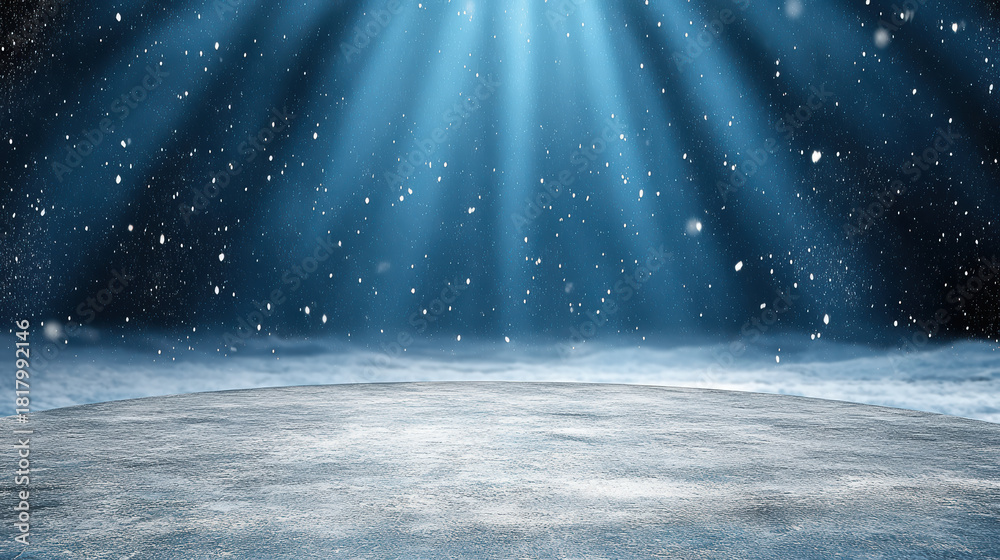 Fototapeta premium Snowy stage illuminated by blue spotlight with falling snow and frosted ground