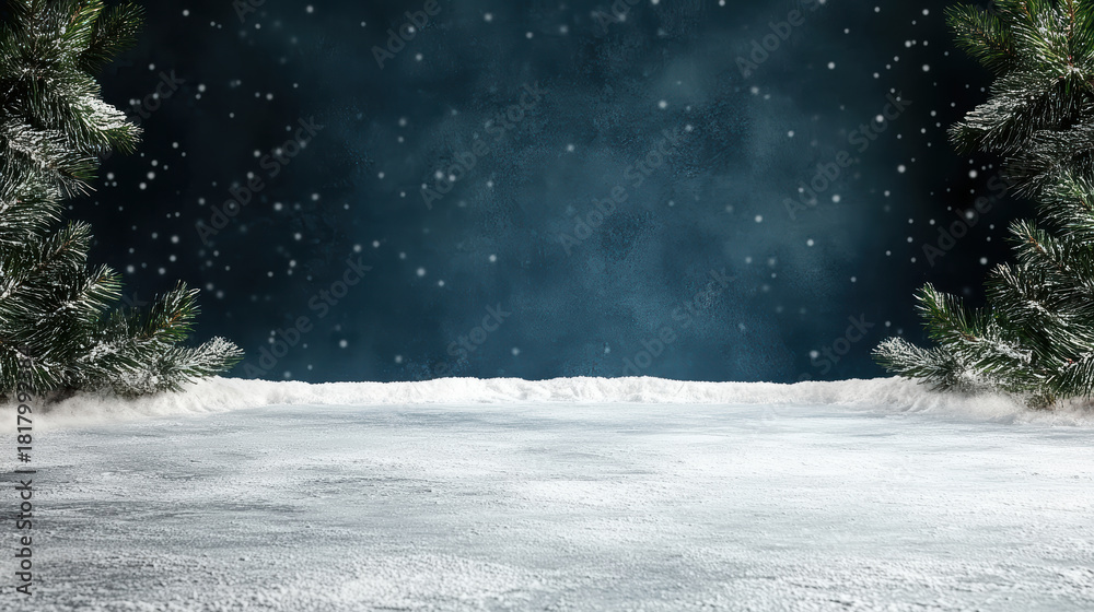 Fototapeta premium Snowy pine branches winter night with falling snow and empty foreground for text