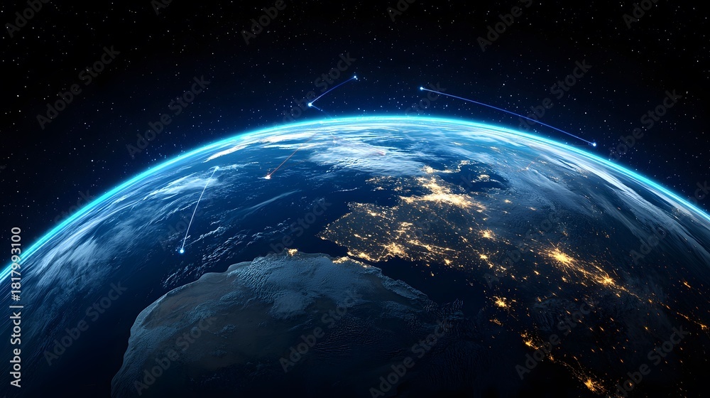 Obraz premium This image portrays the Earth from space, highlighting city lights at night and communication lines connecting different points on the planet against a backdrop of stars.