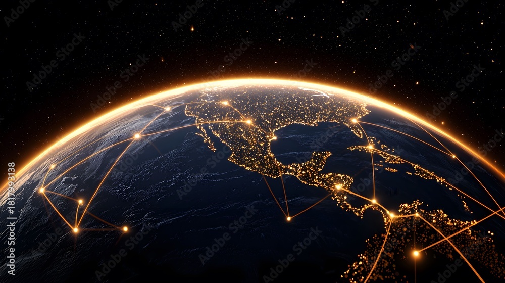 Obraz premium A view of Planet Earth in space is dominated by glowing orange connections bridging cities and regions, set against a dark expanse filled with stars.