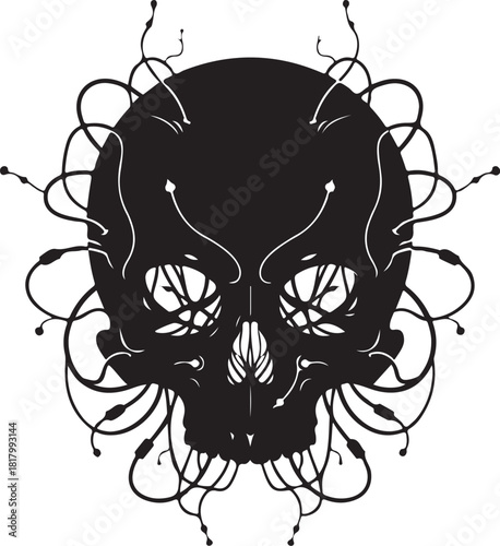 Black stylized skull design featuring organic root patterns