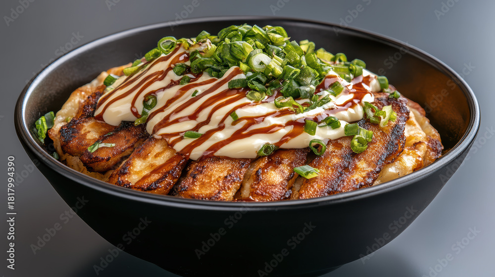Fototapeta premium Okonomiyaki style savory pancake with mayo sauce swirl and chopped green onion