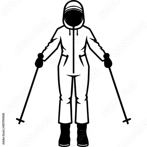 Girl skiing in a warm winter suit. Engraving minimalistic vector in black ink drawing on transparent background