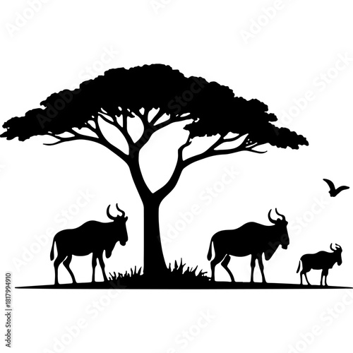 Herd of horned antelopes resting in the shade of a tree. Engraving minimalistic vector in black ink drawing on transparent background