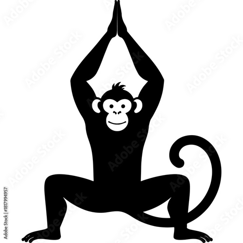 Morning exercises of a young monkey. Engraving minimalistic vector in black ink drawing on transparent background
