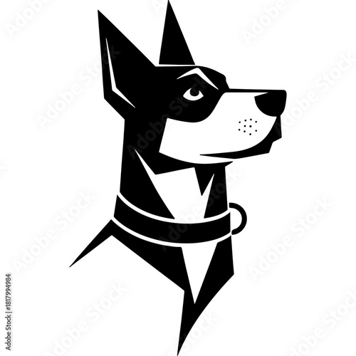 Watchdog looking up at owner with devotion close up. Engraving minimalistic vector in black ink drawing on transparent background