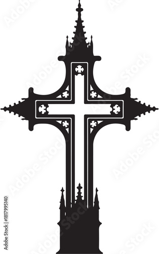 Detailed gothic ornate christian cross silhouette vector graphic art