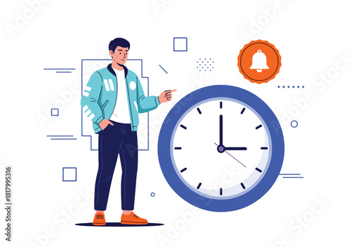 Man and clock illustrate time management and productivity concept - Flat Vector Illustration, icon. Editable stroke. Colored vector illustration