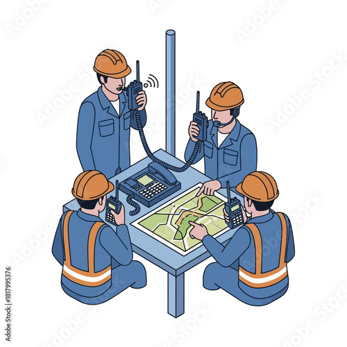Four workers in hard hats and safety vests communicating with walkie-talkies and reviewing a map.