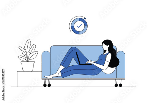 Woman relaxing on sofa with laptop and plant home scene - Flat Vector Illustration, icon. Editable stroke. Colored vector illustration
