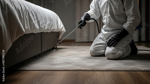 Exterminator spraying pesticide under bed for pest control