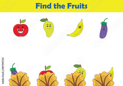 Find Hiding fruits. Child Exercise Sheet with fruits. Printable worksheet. Cartoon vector illustration