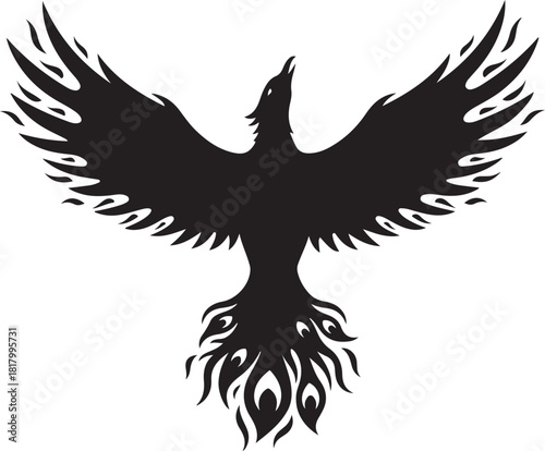 Black phoenix rising silhouette, mythical fire bird symbol
