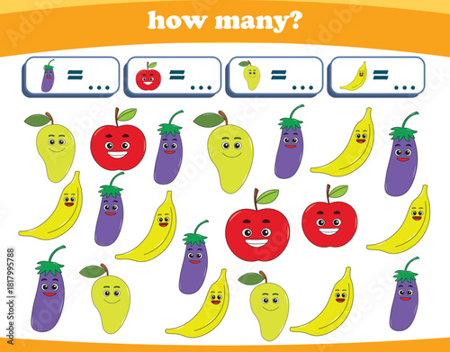 Counting game of fruits for preschool kids. Printable. Vector Illustration