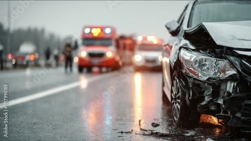 Rain-soaked highway crash a crumpled front-end car on the right, ambulances flashing in distance..