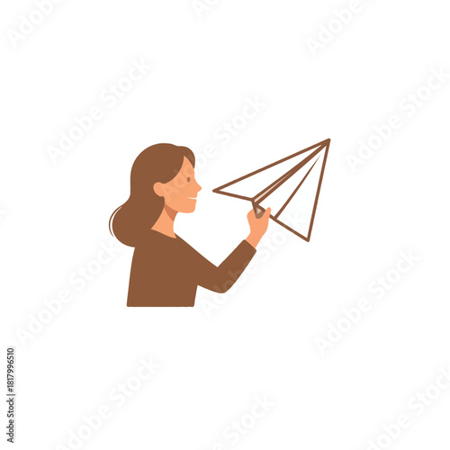 Optimistic woman launches paper airplane symbolizing vision and ambition for future success,