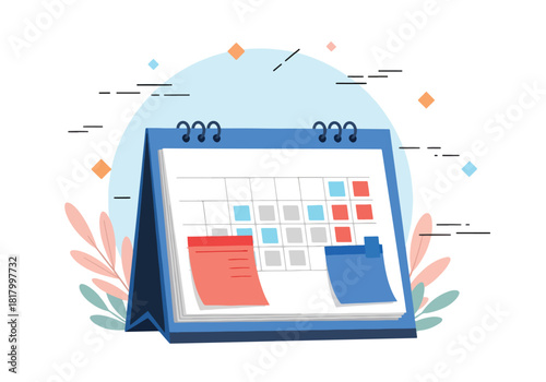 Modern desk calendar with upcoming events and tasks illustrated - Flat Vector Illustration, icon. Editable stroke. Colored vector illustration