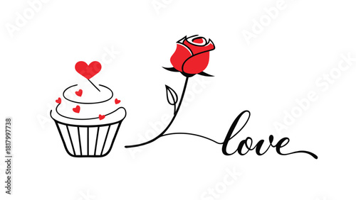 Romantic red rose and cupcake decorated with hearts symbolizing love and affection on white background