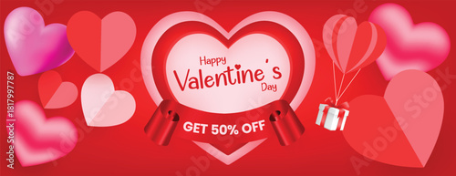 Trendy Happy Valentine’s Day horizontal banner and website header template with minimal heart artwork, modern greeting card for social media cover, invitation layout, and creative vector illustration