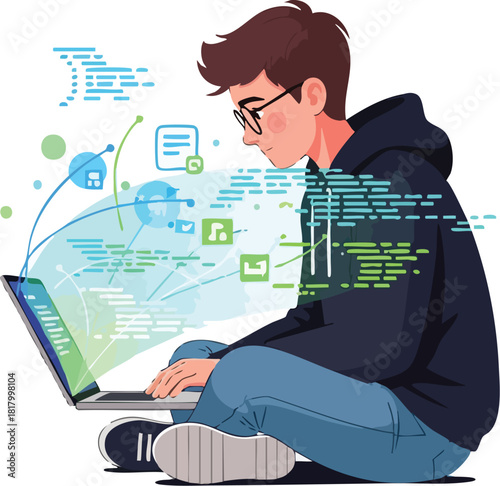 Illustration of a young man coding on a laptop with digital icons and code floating around him in a colorful, futuristic composition.