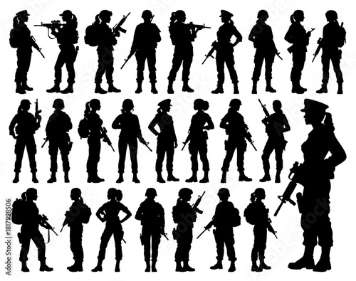 Military Female Soldiers and Police Woman Silhouettes Set with Weapons and Tactical Gear Vector, Transparent Background