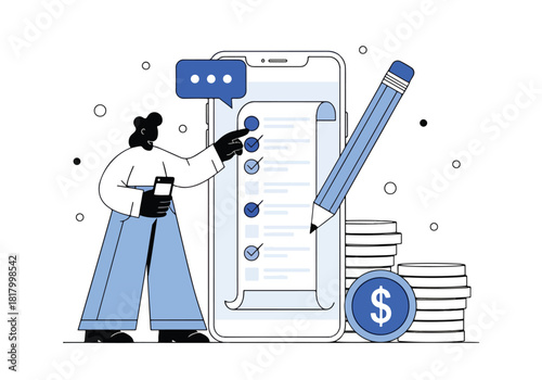 Person completing task list on smartphone with coin and pencil - Flat Vector Illustration, icon. Editable stroke. Colored vector illustration