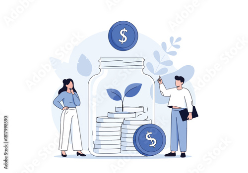 People and plants grow money financial success concept abstract art - Flat Vector Illustration, icon. Editable stroke. Colored vector illustration