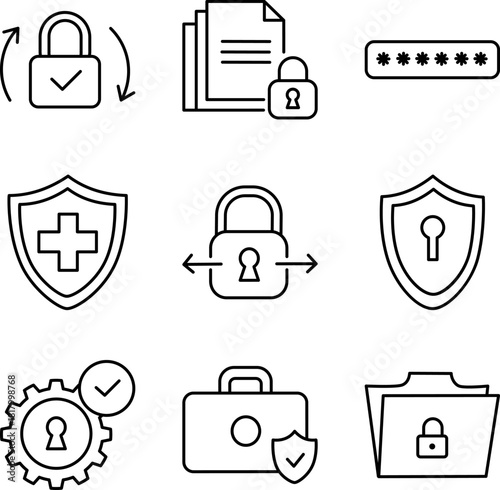 Security and Privacy Line Icons – Lock, Shield, Password Protection Vector Set