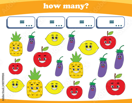 Counting game of fruits for preschool kids. Printable. Vector Illustration