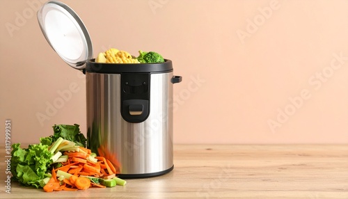 A modern electric kitchen composter filled with food scraps like pasta and vegetables on a wooden surface.