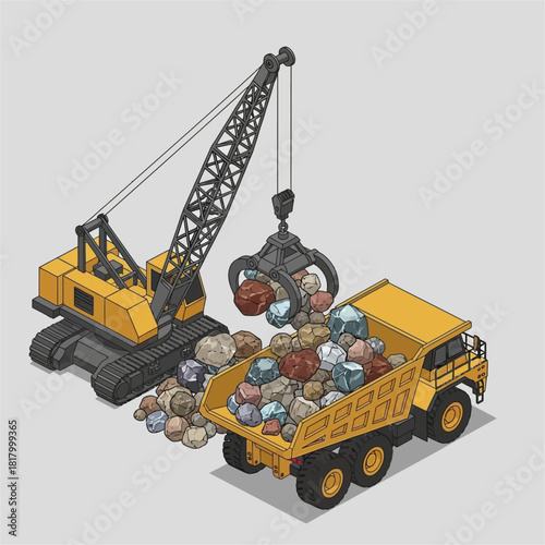 Heavy machinery loading rocks into a dump truck for transport.