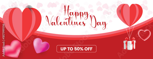 Modern Valentine’s Day sale discount horizontal banner template with romantic heart elegant web header, social media cover layout, creative vector illustration for greeting and invitation card design