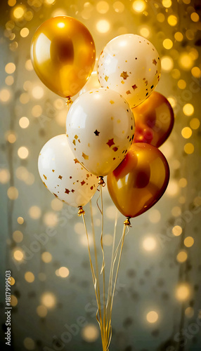 Golden and white balloons floating in bright sunlight against bright confetti background, symbolizing celebration, happiness, and success.