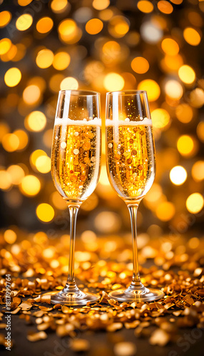 Elegant New Year celebration composition featuring two crystal champagne flutes filled with sparkling wine, a golden festive backlight