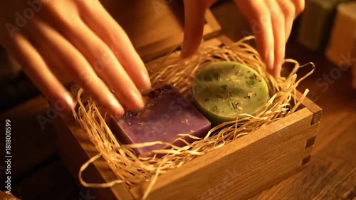 Close up of female hands carefully placing natural handmade soap bars with herbs into a rustic wooden gift box with decorative straw