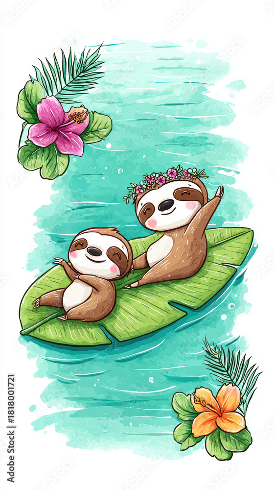 Obraz premium Charming watercolor illustration features two adorable sloths relaxing on large green leaf, surrounded by vibrant tropical flowers