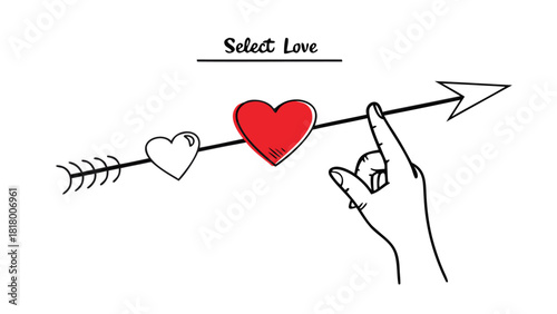 Hand selecting the perfect red heart from an arrow with two hearts on a white background with text select love