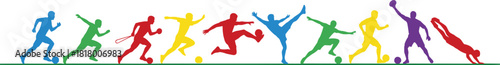 Sports, silhouettes, colorful, athletes, action, dynamic, motion, fitness, activity, team, energy, vibrant, icons, running, jumping, kicking, throwing, martial arts, diversity, illustration
